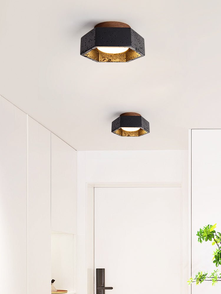 Plafonnier moderne Thorgeir en Noir travertin et noyer bois