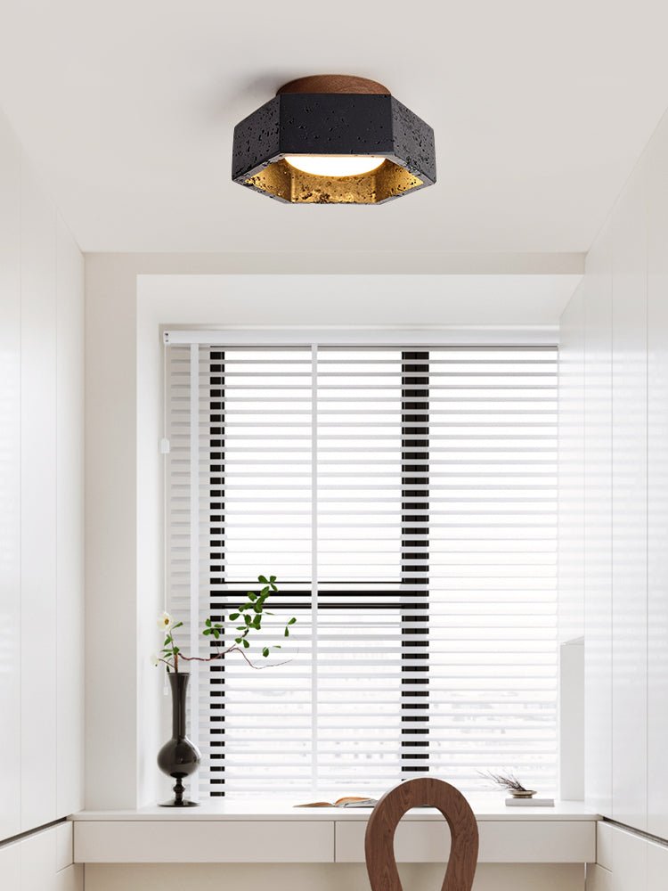 Plafonnier moderne Thorgeir en Noir travertin et noyer bois