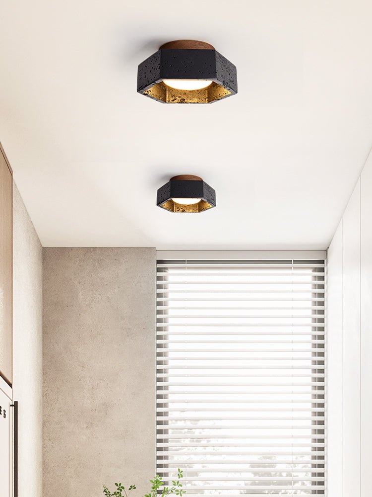 Plafonnier moderne Thorgeir en Noir travertin et noyer bois