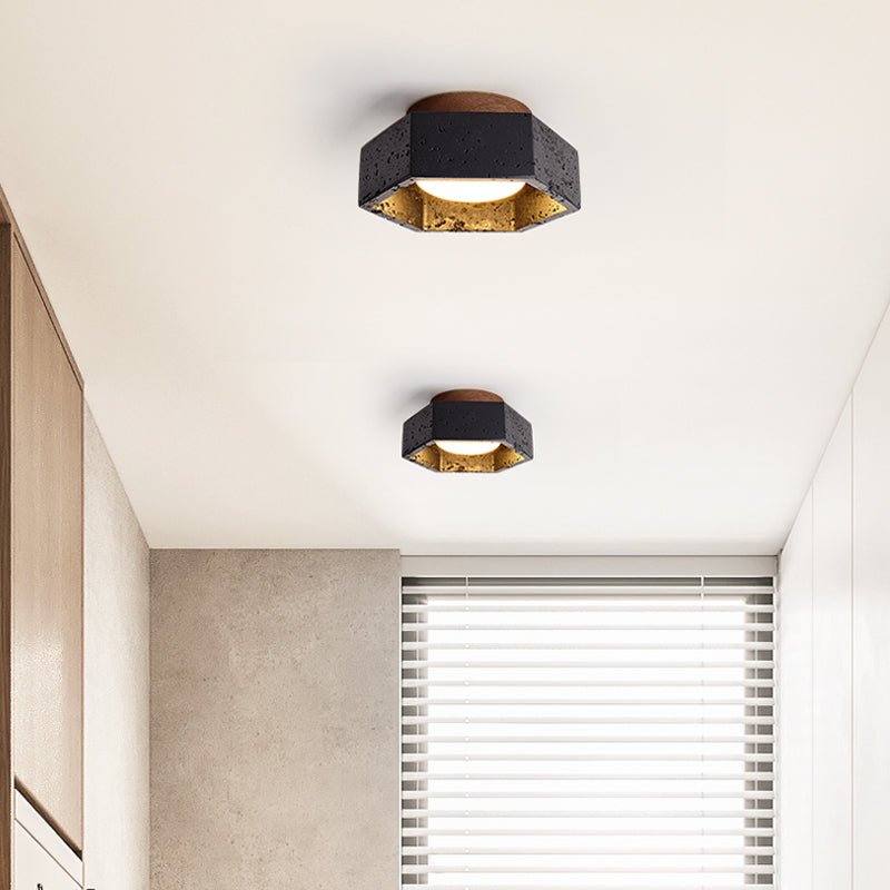 Plafonnier moderne Thorgeir en Noir travertin et noyer bois