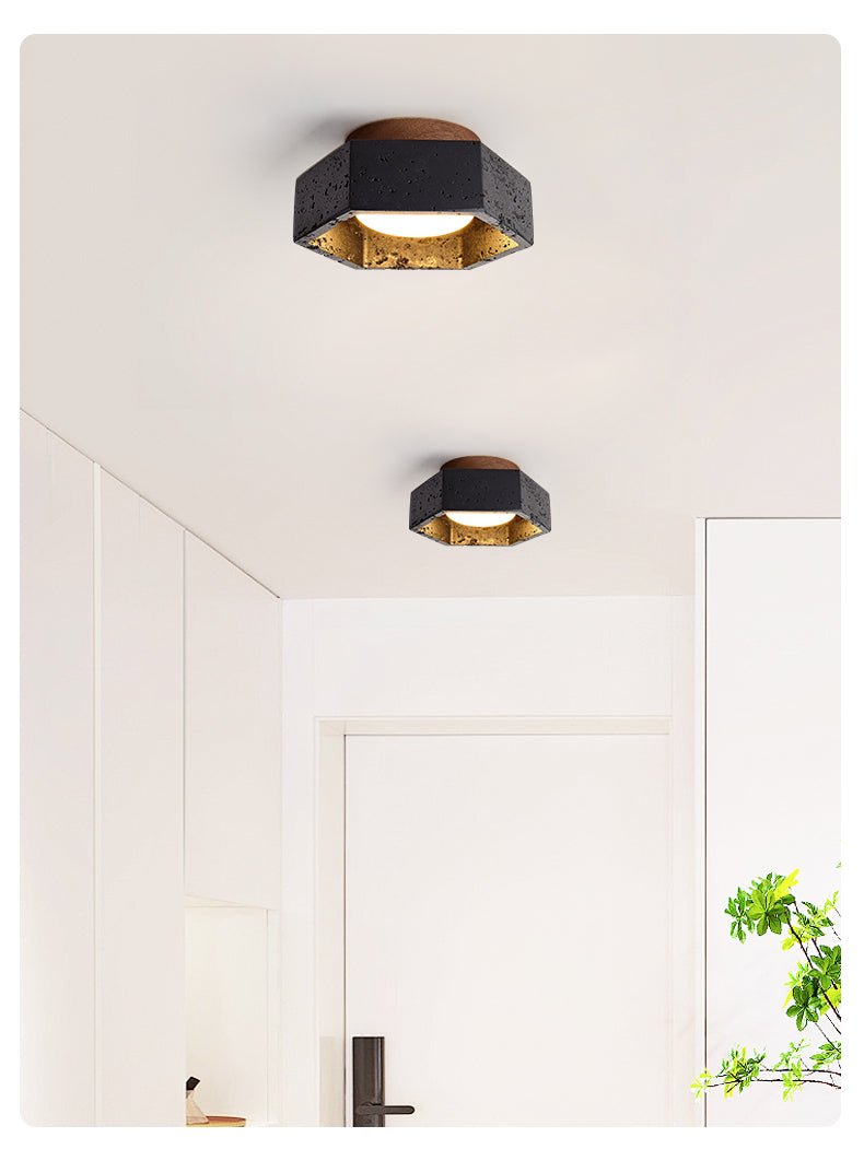 Plafonnier moderne Thorgeir en Noir travertin et noyer bois