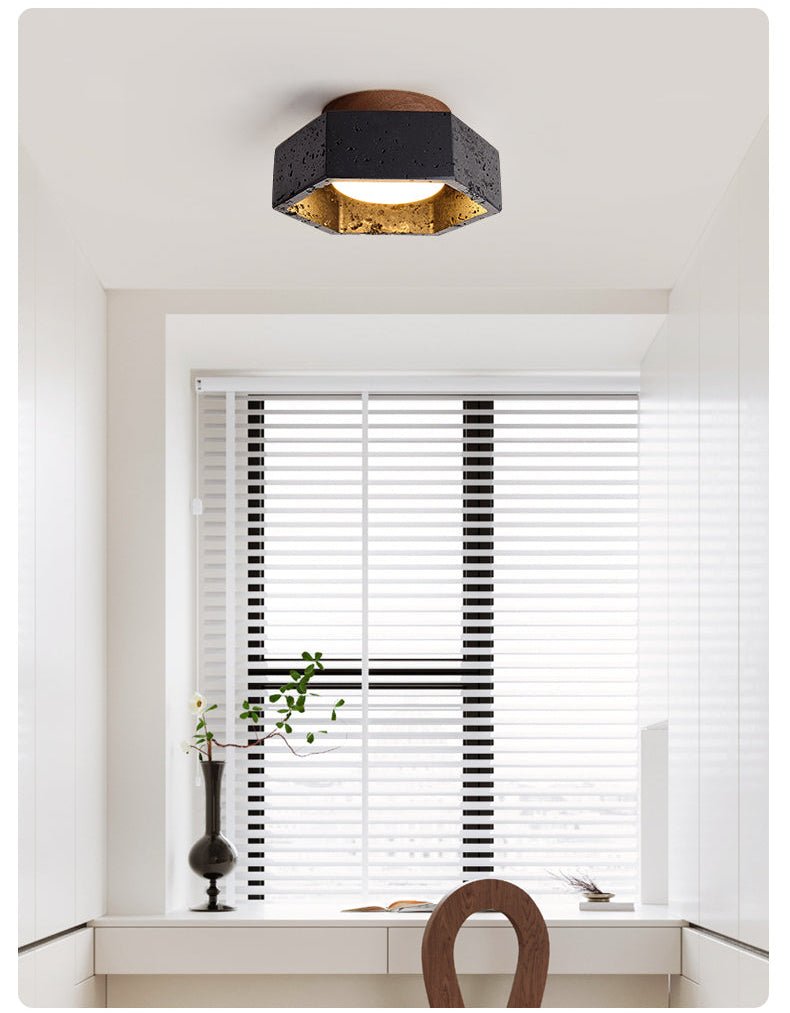 Plafonnier moderne Thorgeir en Noir travertin et noyer bois