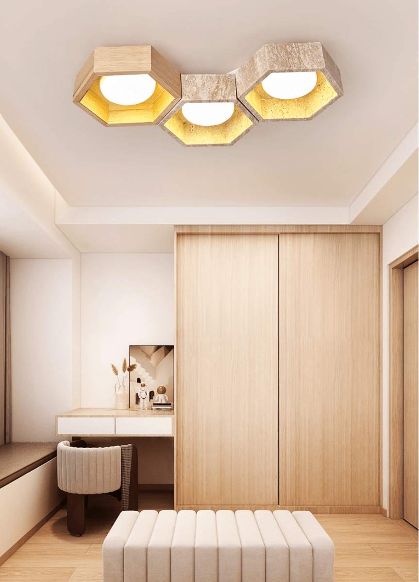 Plafonnier moderne Seaton en Noyer et travertin jaune