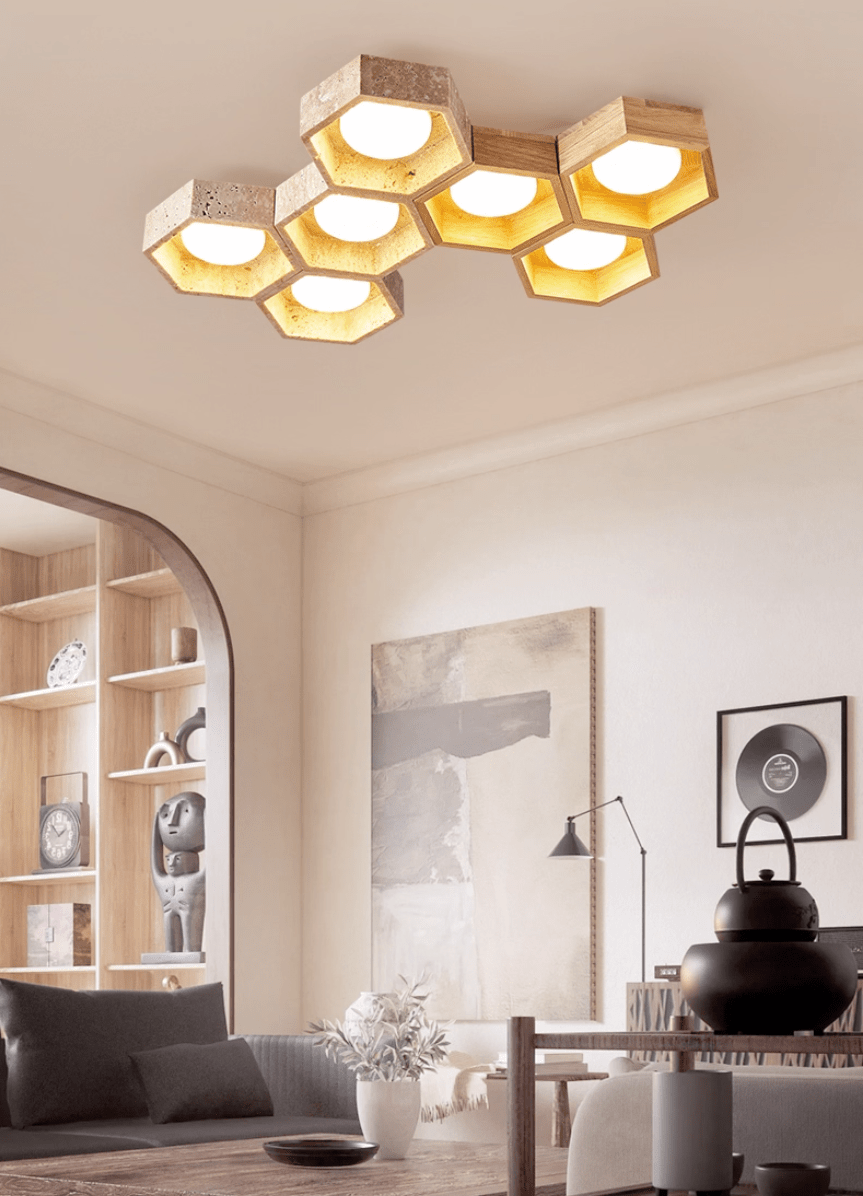 Plafonnier moderne Seaton en Noyer et travertin jaune