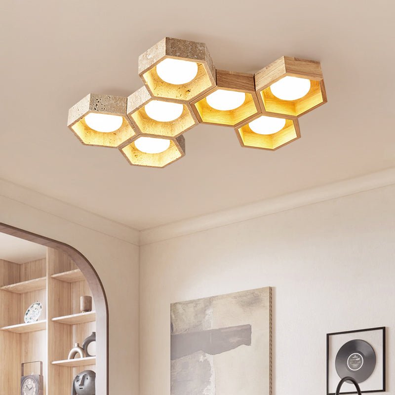 Plafonnier moderne Seaton en Noyer et travertin jaune