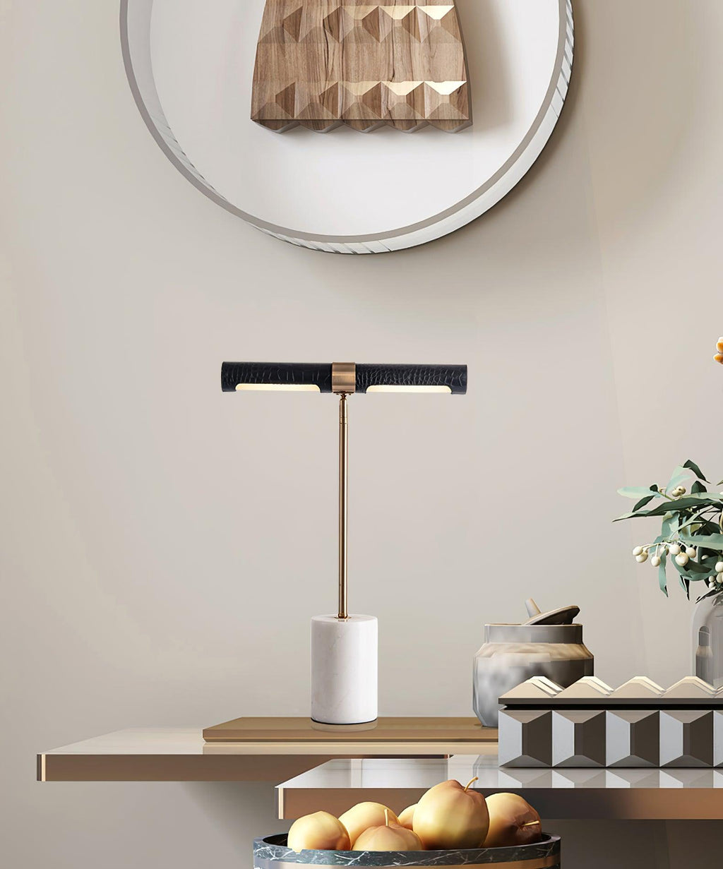 Lampe à poser moderne Stormur en Métal, Marbre Doré et marron cuir