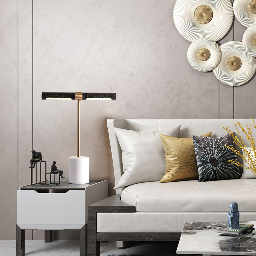 Lampe à poser moderne Stormur en Métal, Marbre Doré et marron cuir