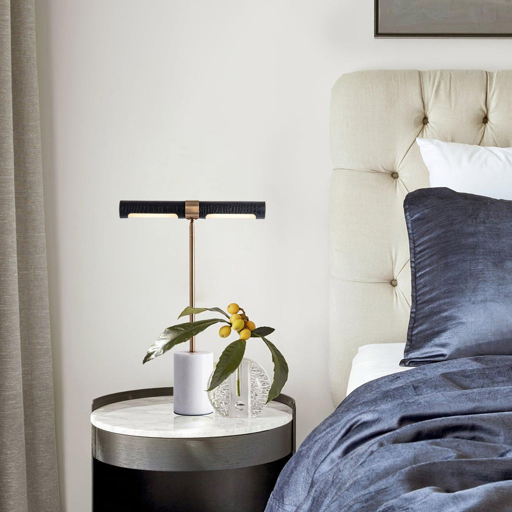 Lampe à poser moderne Stormur en Métal, Marbre Doré et marron cuir