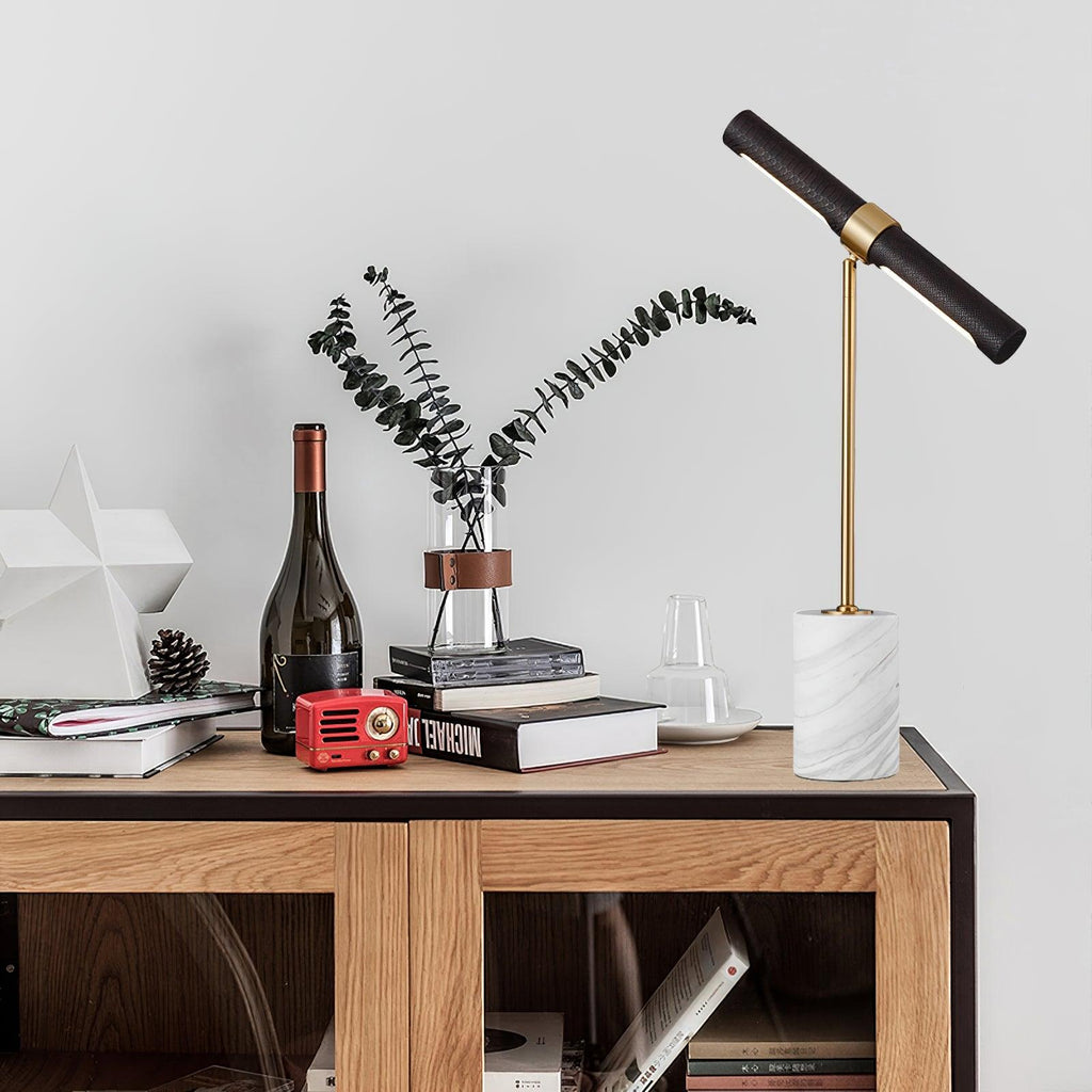 Lampe à poser moderne Stormur en Métal, Marbre Doré et marron cuir