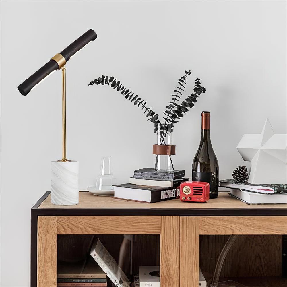 Lampe à poser moderne Stormur en Métal, Marbre Doré et marron cuir