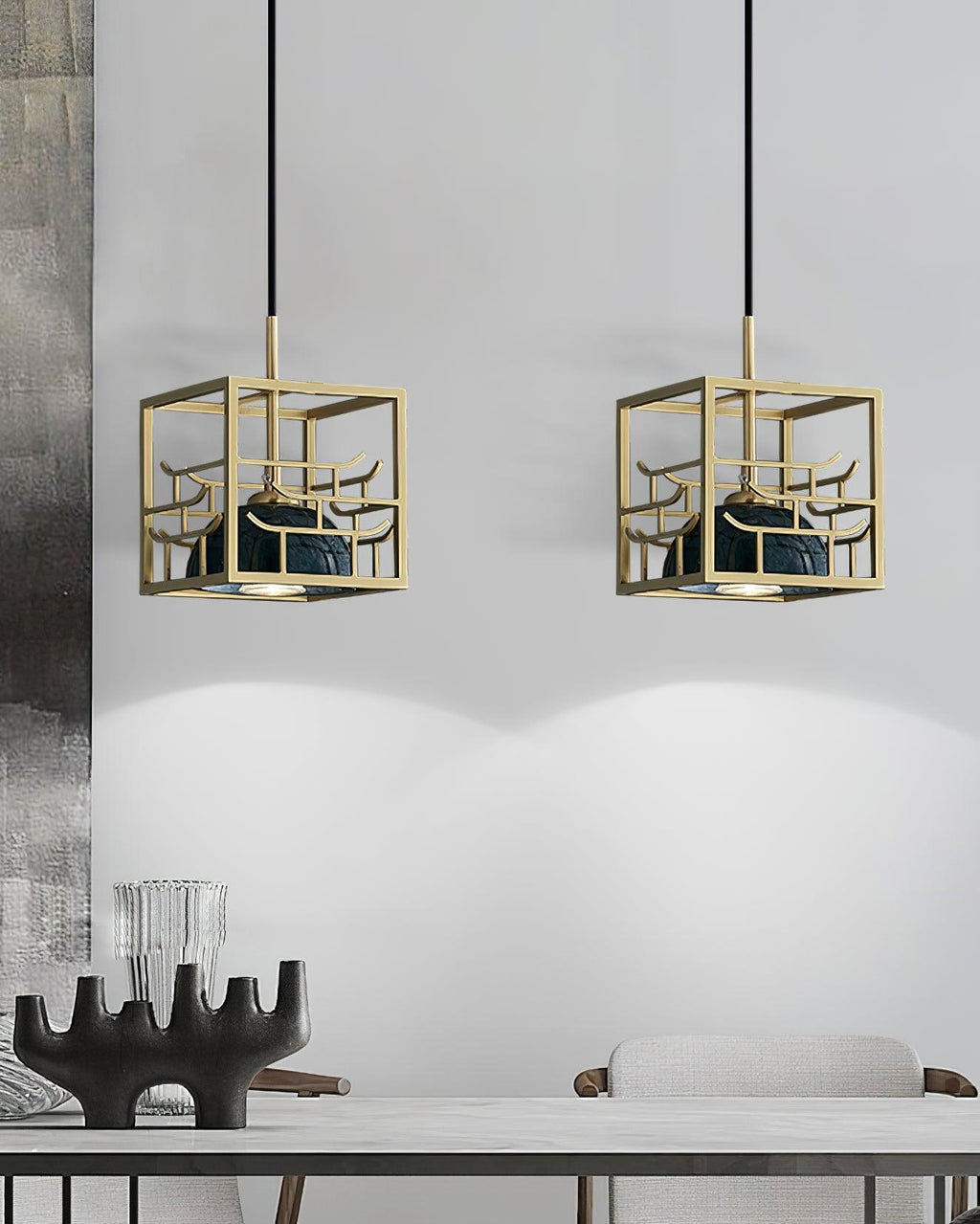 Suspension moderne Nor en Laiton poli et vert marbre