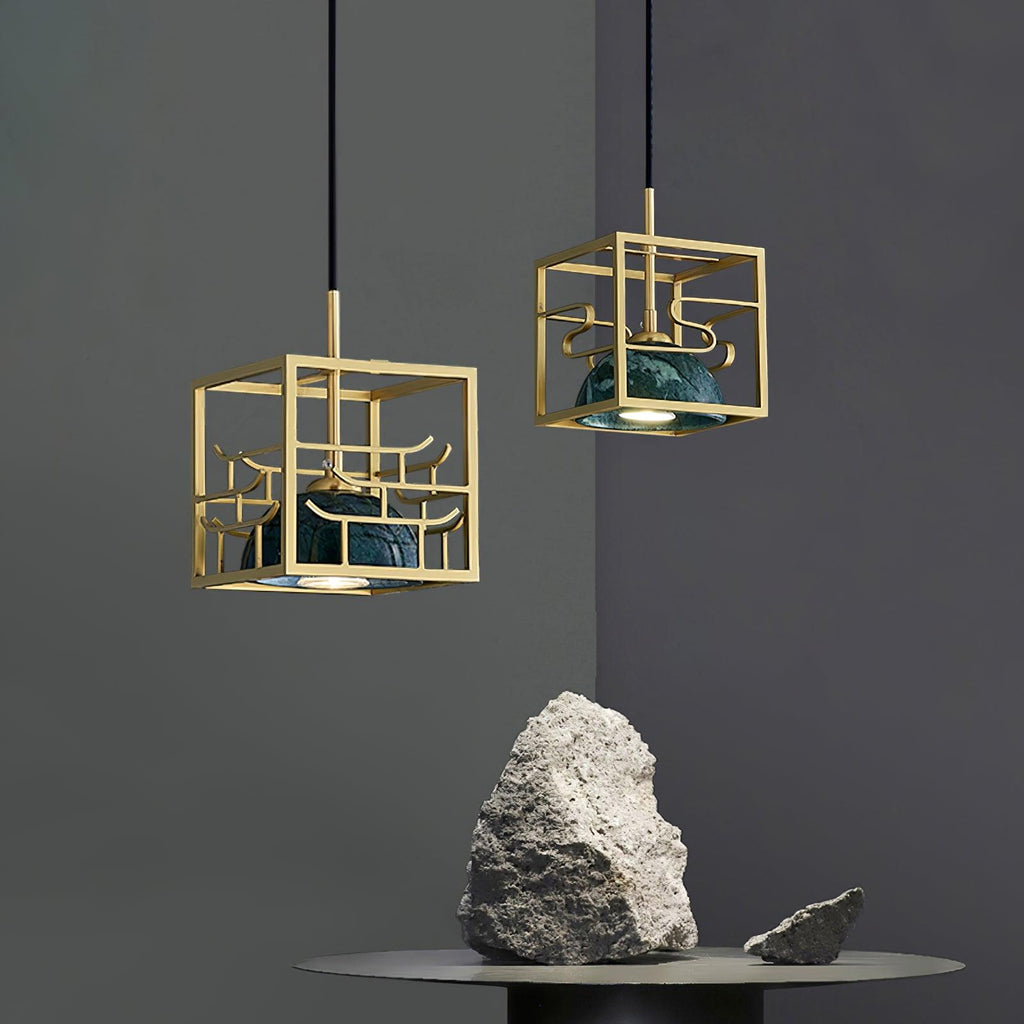 Suspension moderne Nor en Laiton poli et vert marbre