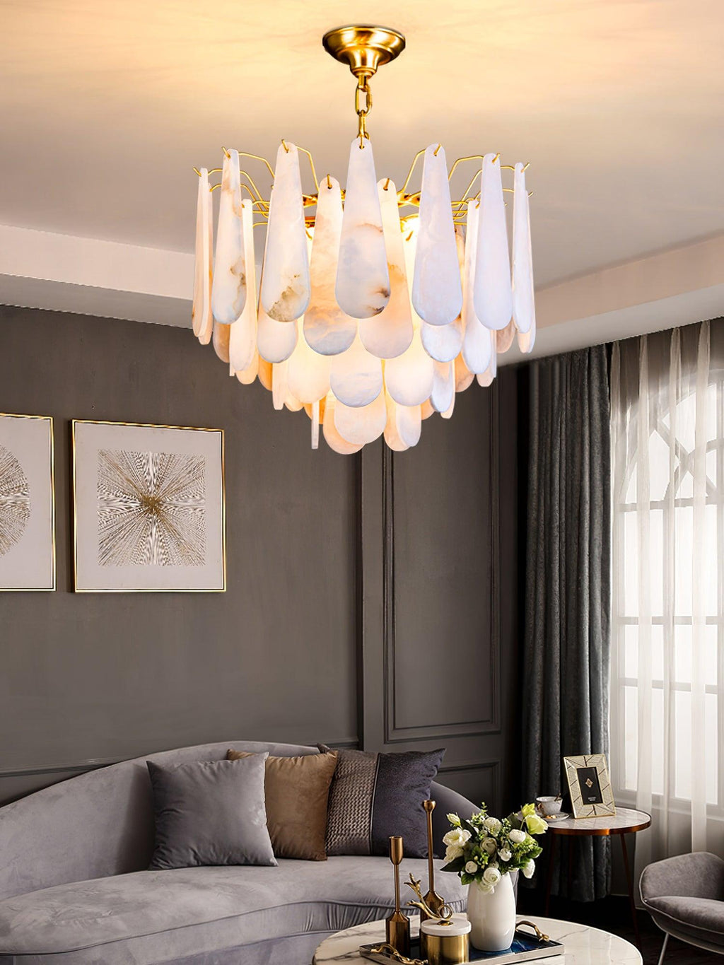 Lustre moderne Vrang en Albâtre Laiton et blanc
