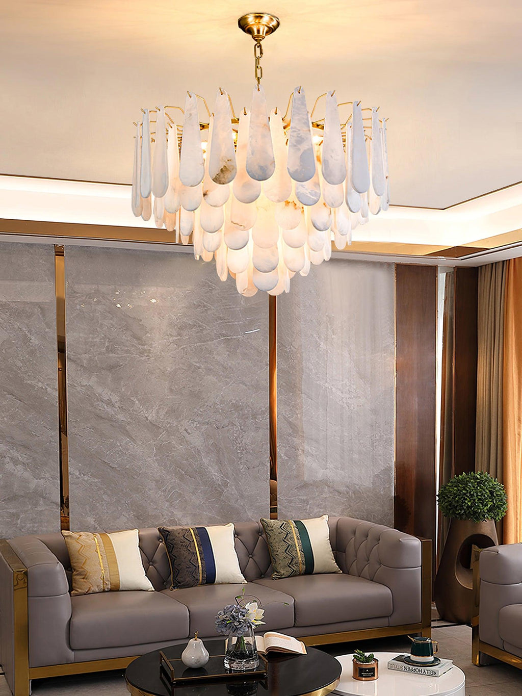 Lustre moderne Vrang en Albâtre Laiton et blanc