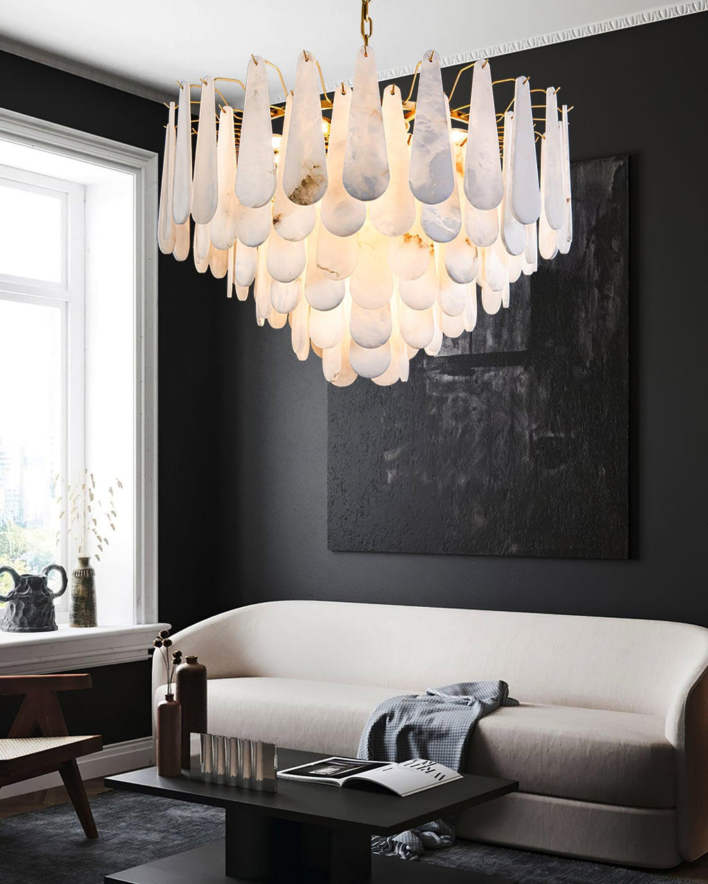 Lustre moderne Vrang en Albâtre Laiton et blanc