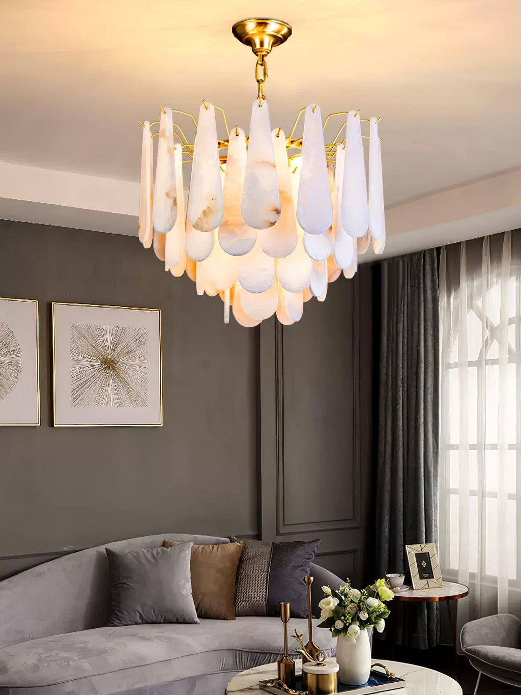 Lustre moderne Vrang en Albâtre Laiton et blanc