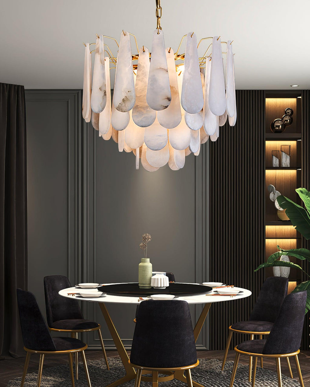 Lustre moderne Vrang en Albâtre Laiton et blanc