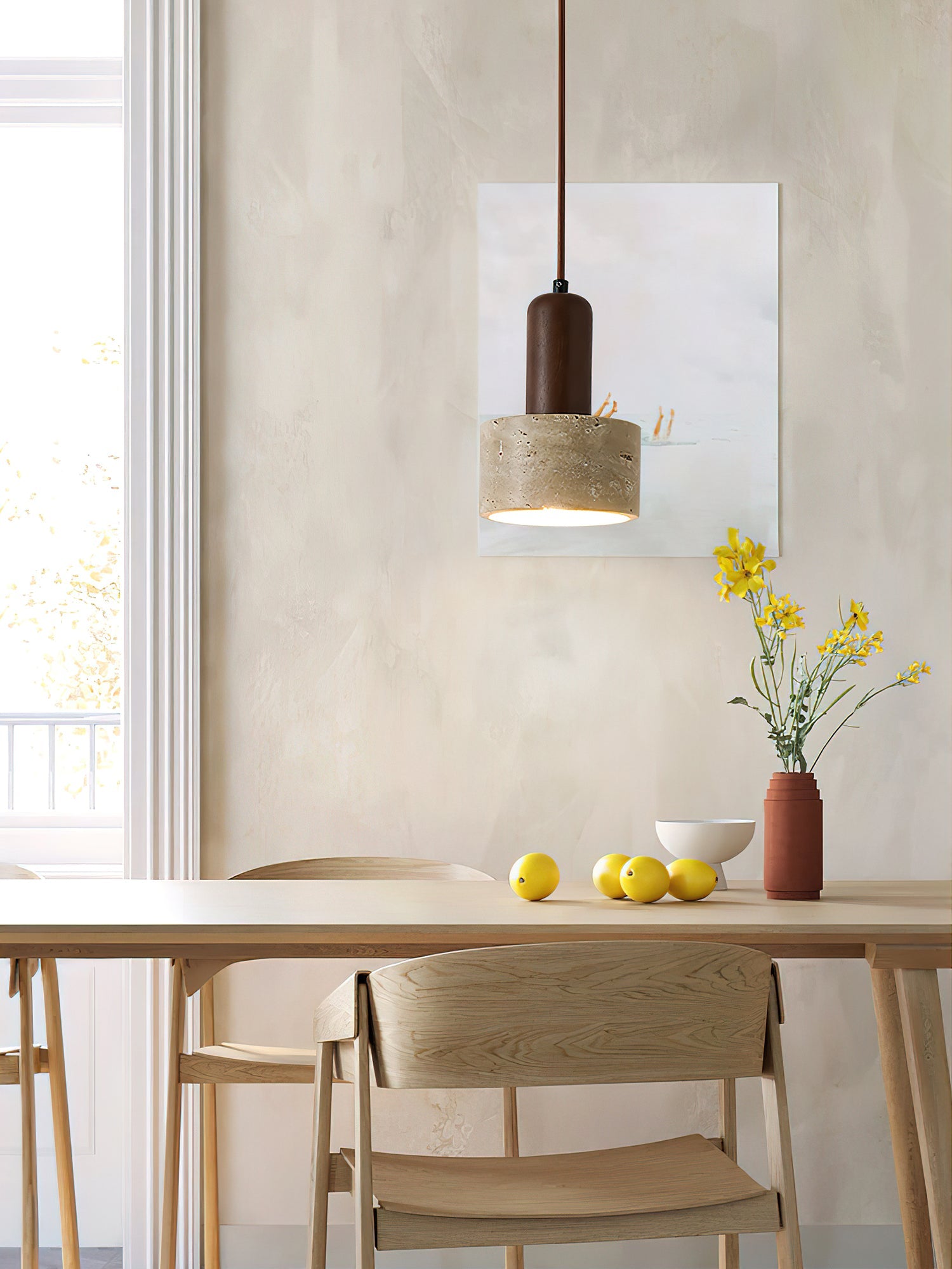 Suspension moderne Llyr en Travertin jaune et noyer
