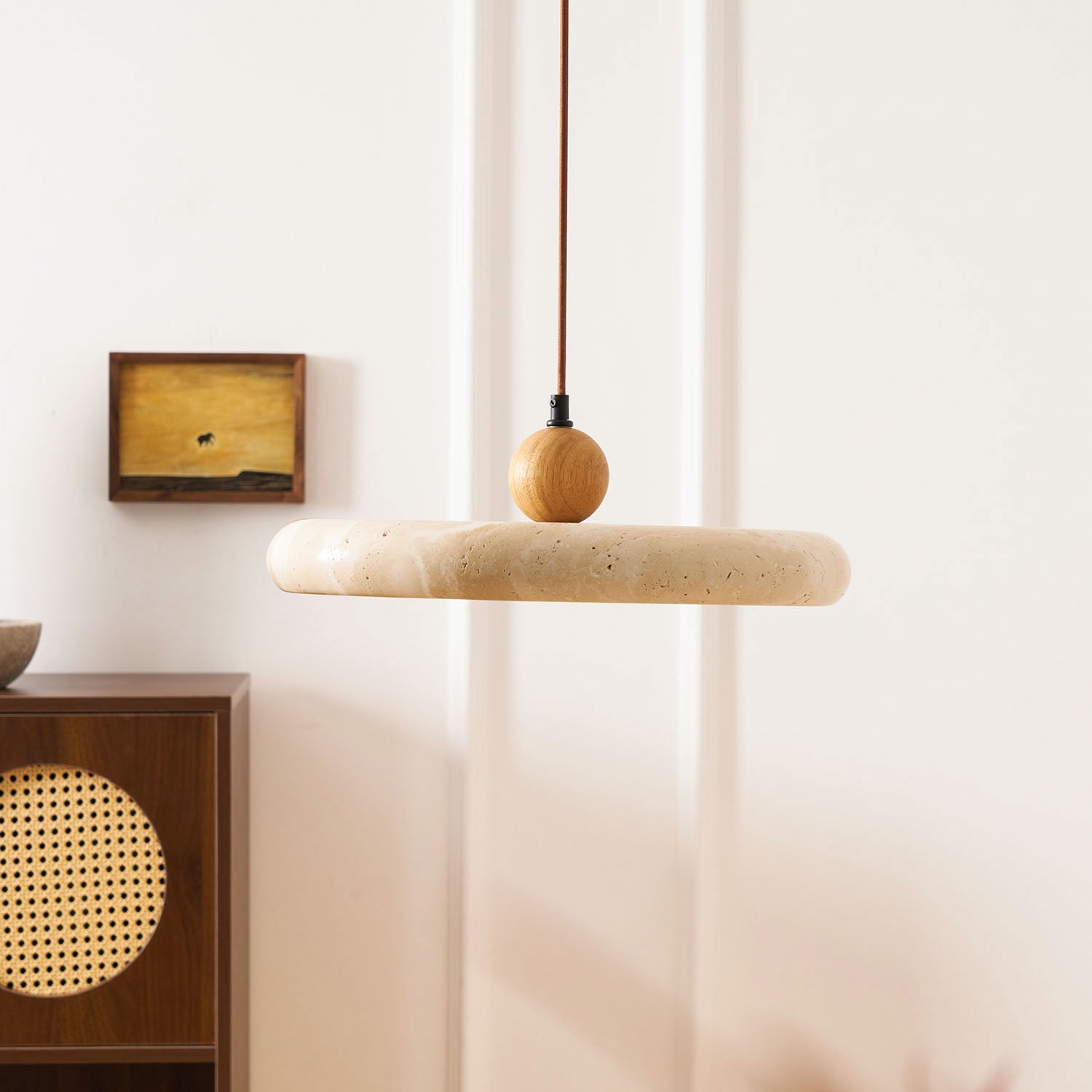 Suspension moderne Klaas en Travertin jaune et bois
