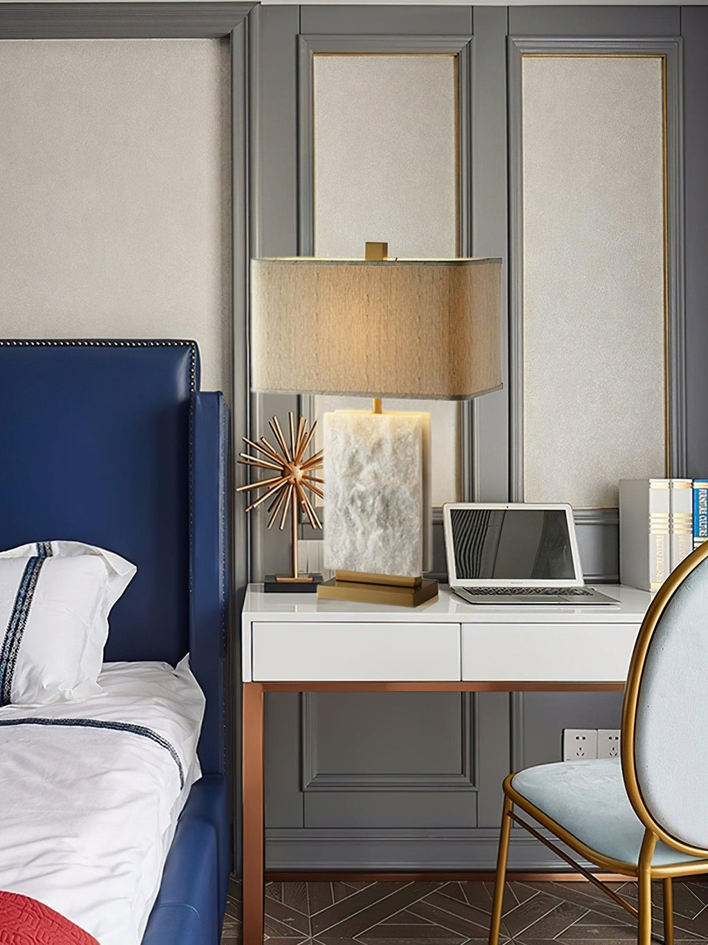 Lampe à poser moderne Mox en Marbre, Tissu, Métal Doré et blanc