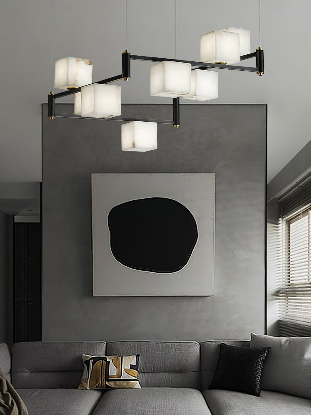 Lustre moderne Dion en Albâtre Laiton et noir et blanc