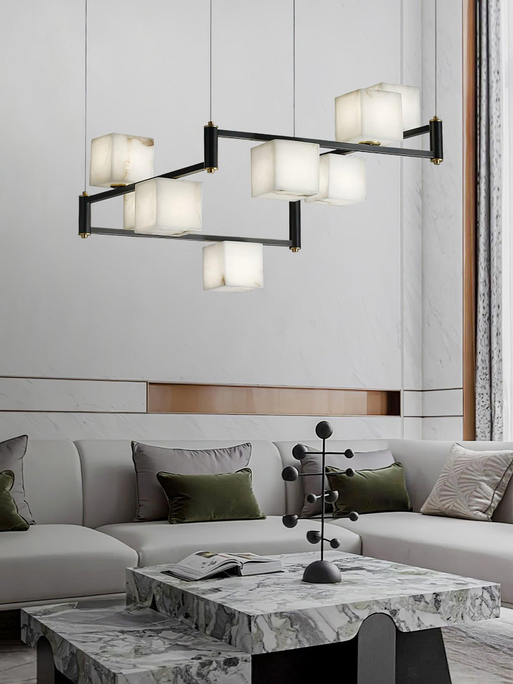 Lustre moderne Dion en Albâtre Laiton et noir et blanc