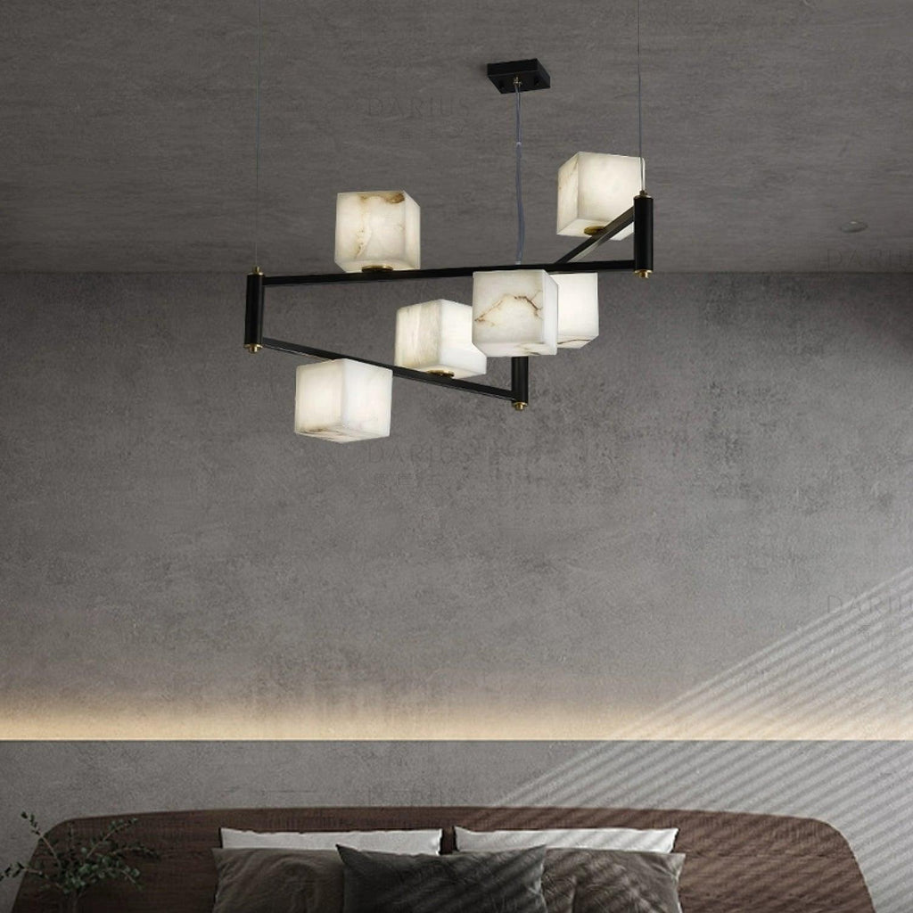 Lustre moderne Dion en Albâtre Laiton et noir et blanc