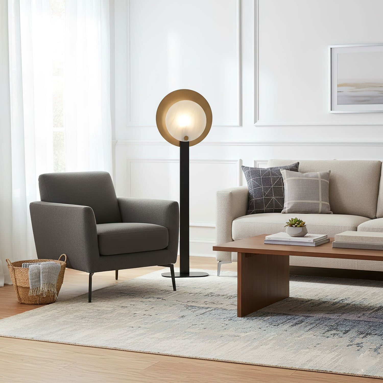 Lampadaire moderne Gideon en Albâtre Noir et blanc et doré