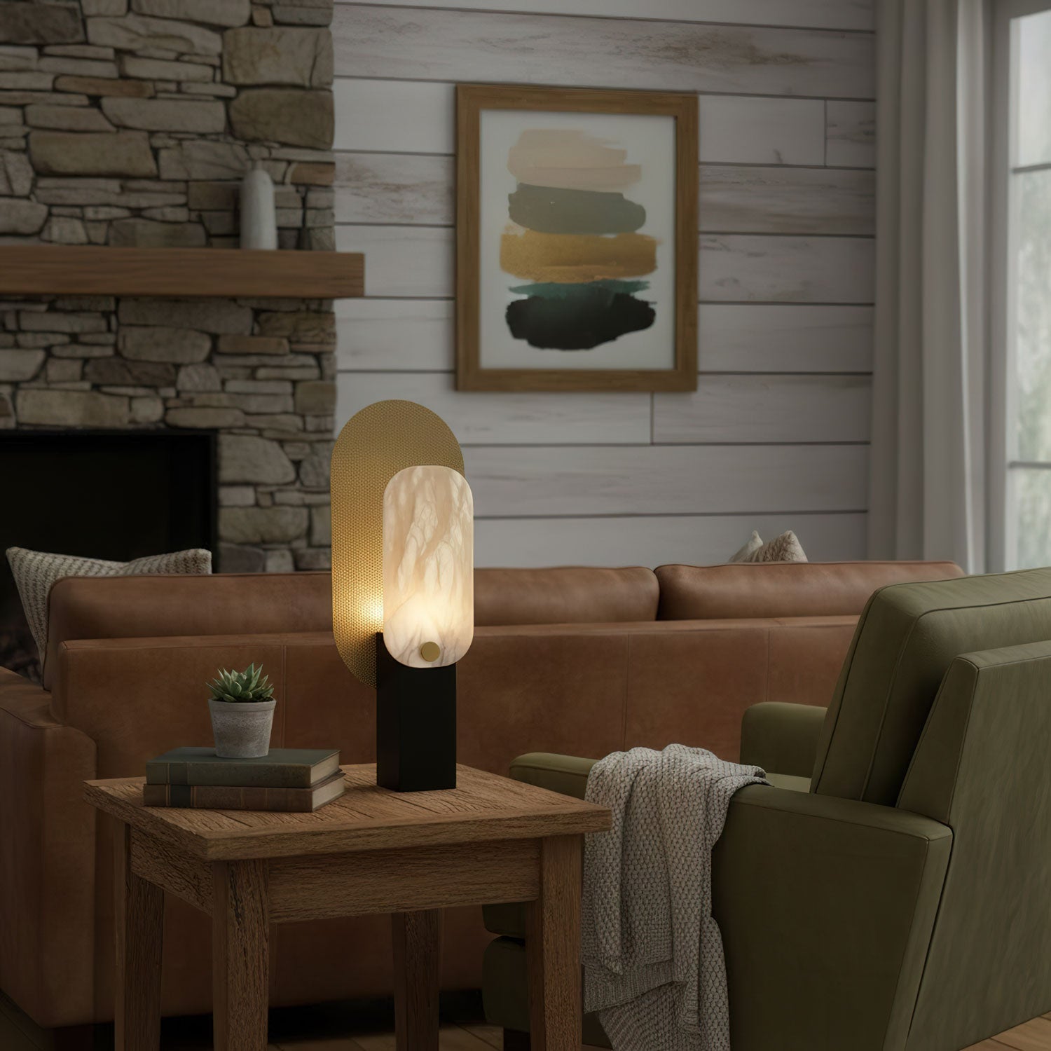 Lampe à poser moderne Gideon en Albâtre Doré et blanc et doré