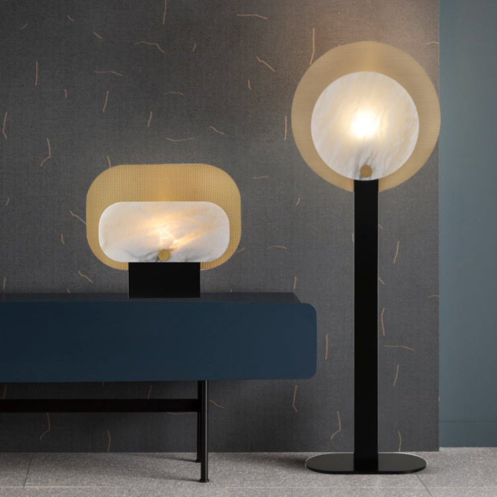 Lampadaire moderne Gideon en Albâtre Noir et blanc et doré