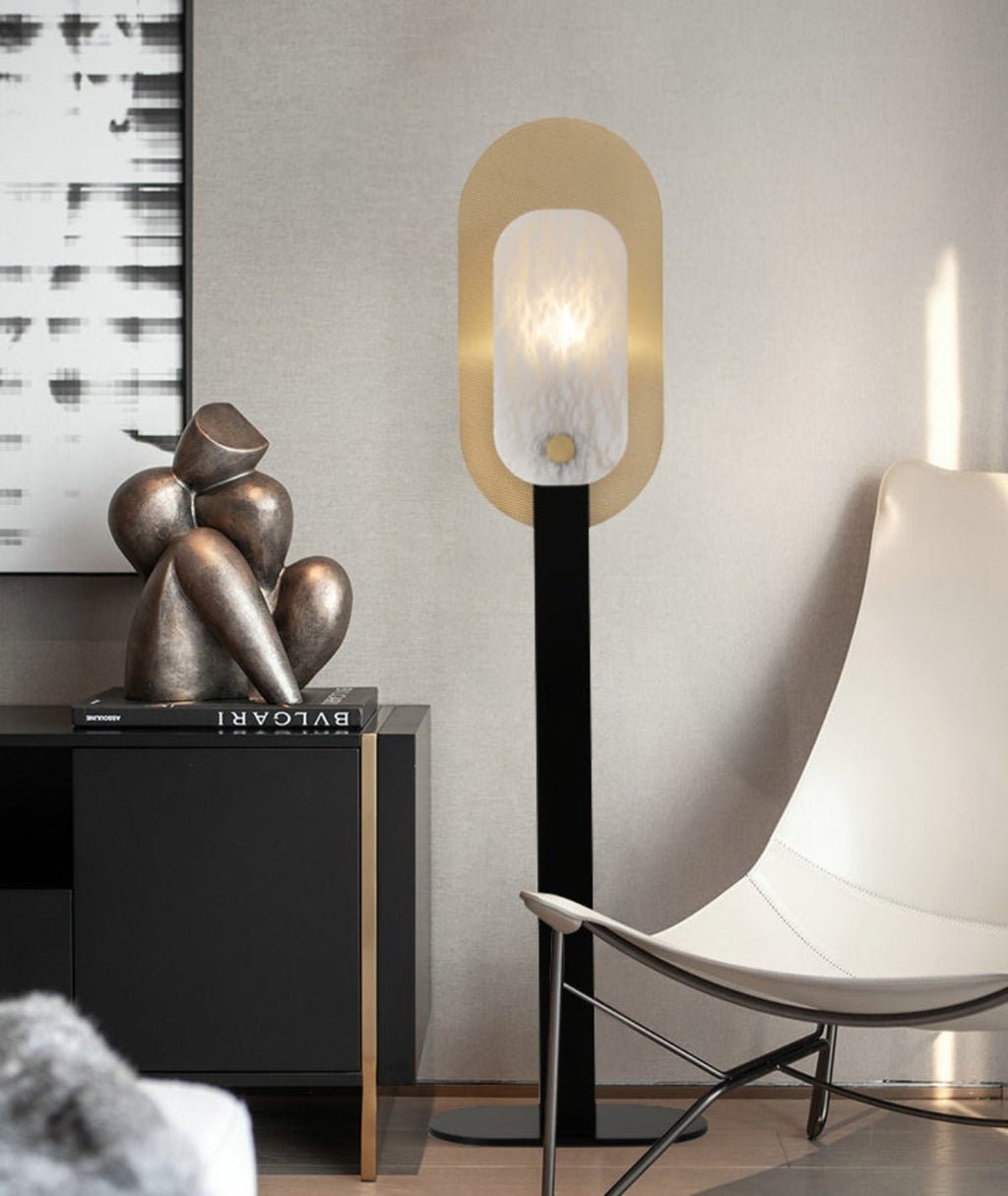 Lampadaire moderne Gideon en Albâtre Noir et blanc et doré
