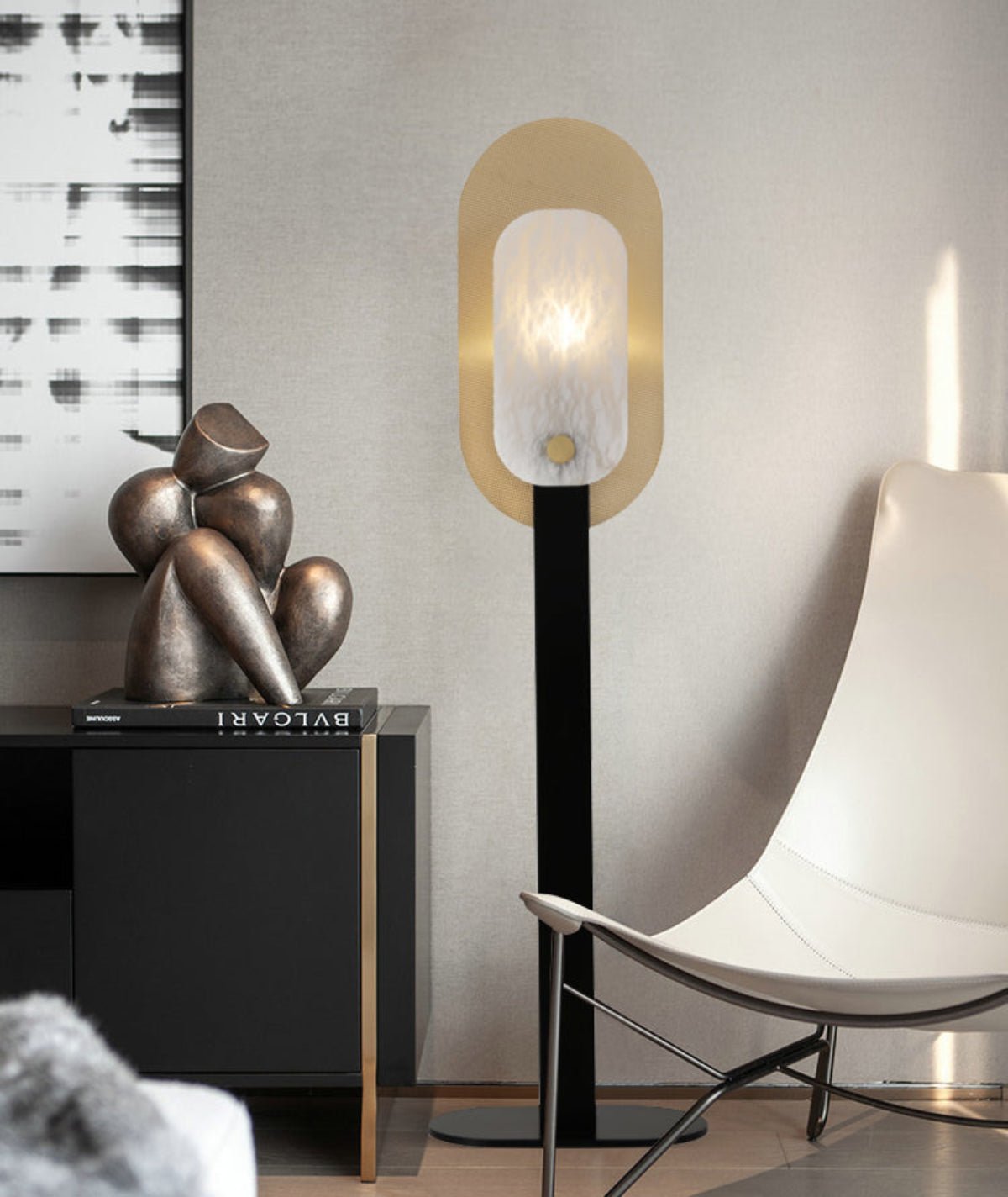 Lampadaire moderne Gideon en Albâtre Noir et blanc et doré