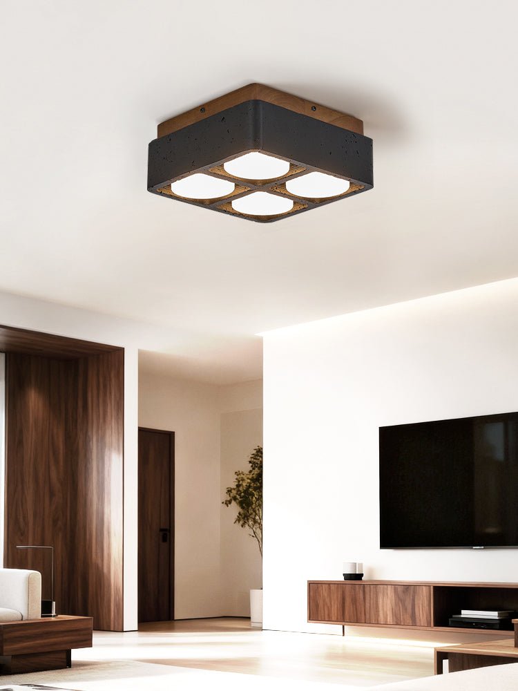 Plafonnier moderne Reyn en Noyer bois et noir travertin