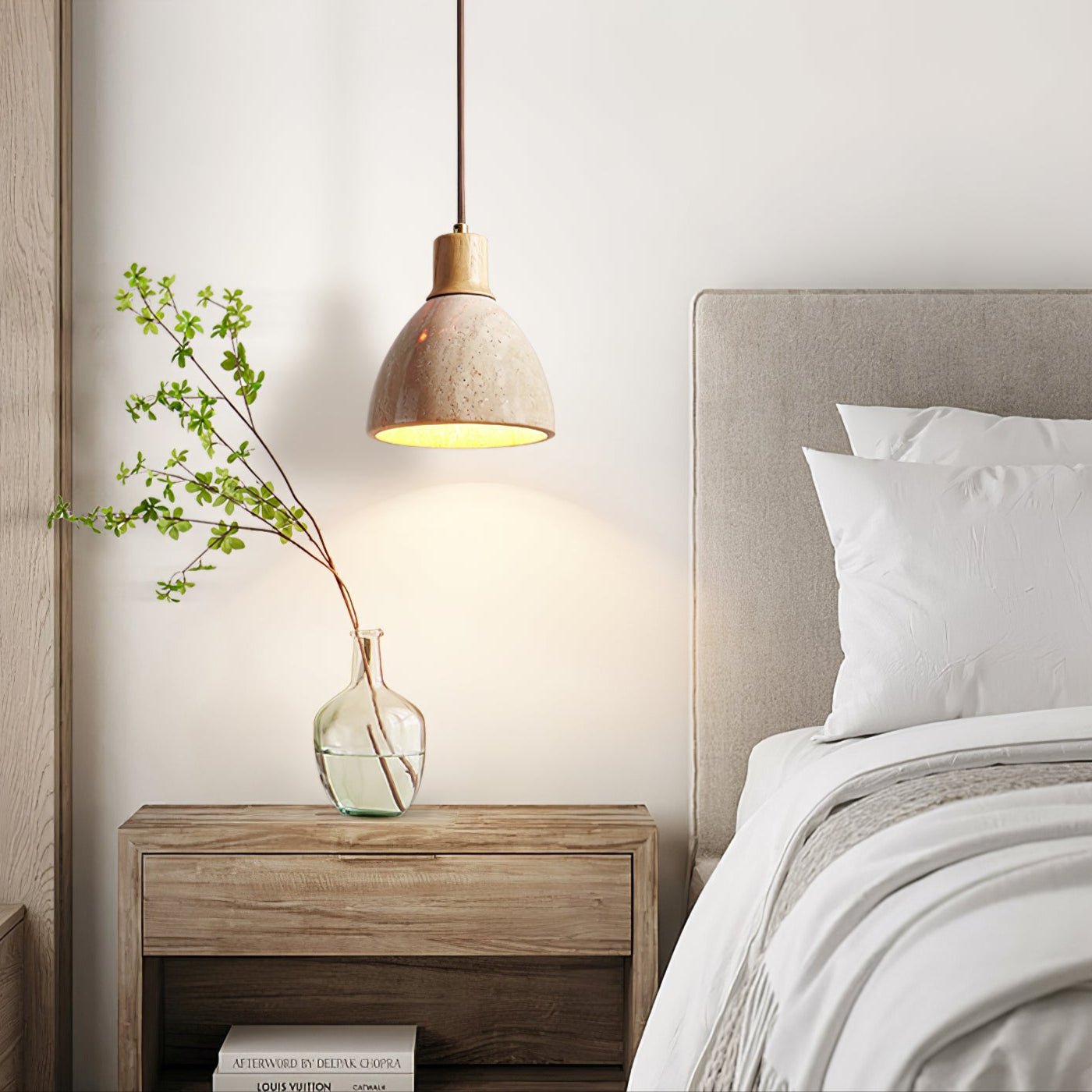 Suspension moderne Norulf en Bois et travertin jaune