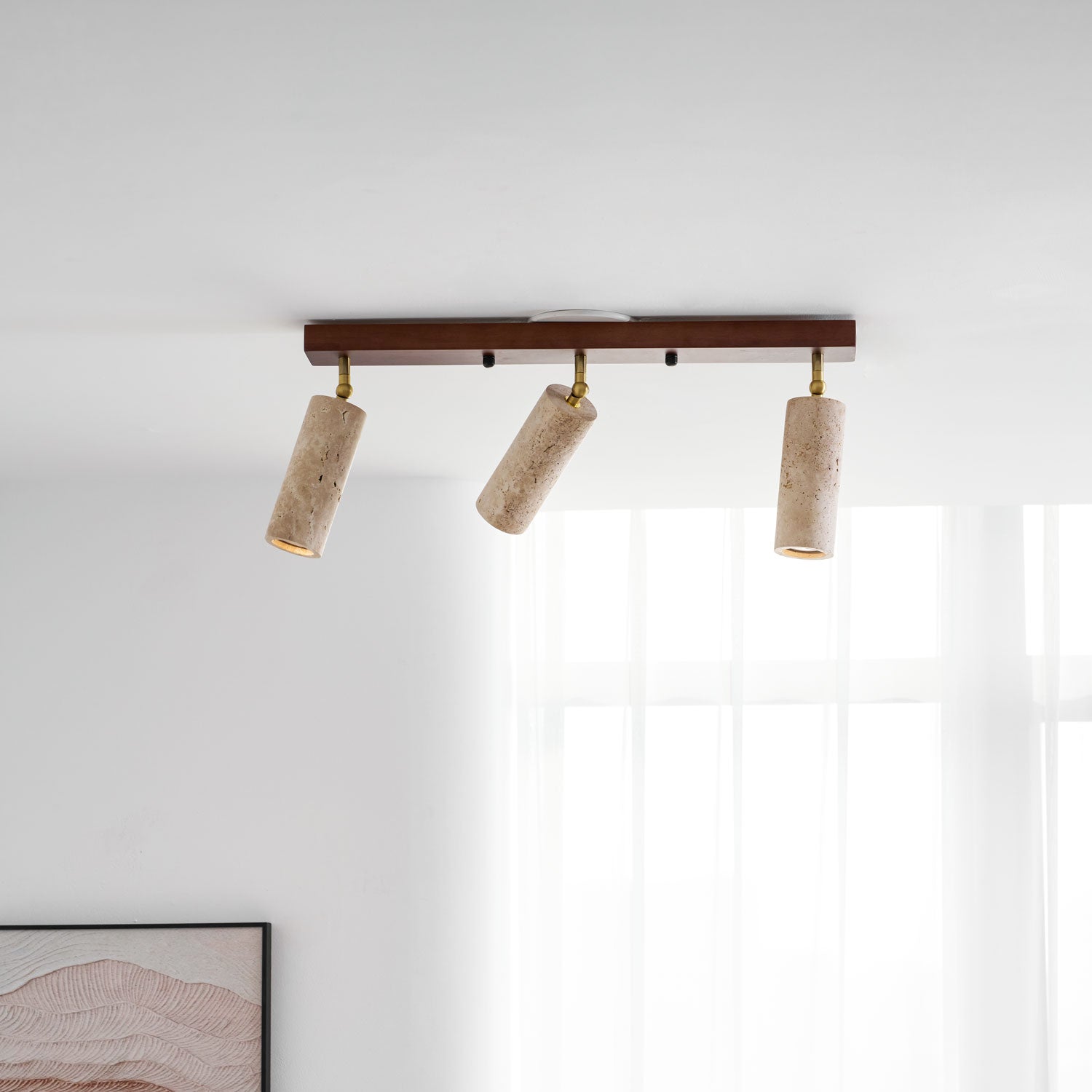 Plafonnier moderne Fjalar en Noyer bois et travertin jaune
