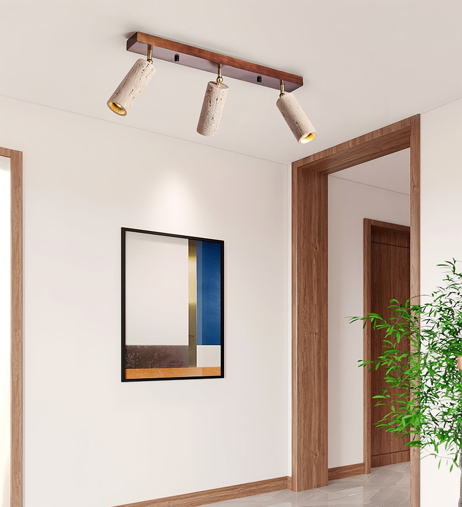 Plafonnier moderne Fjalar en Noyer bois et travertin jaune