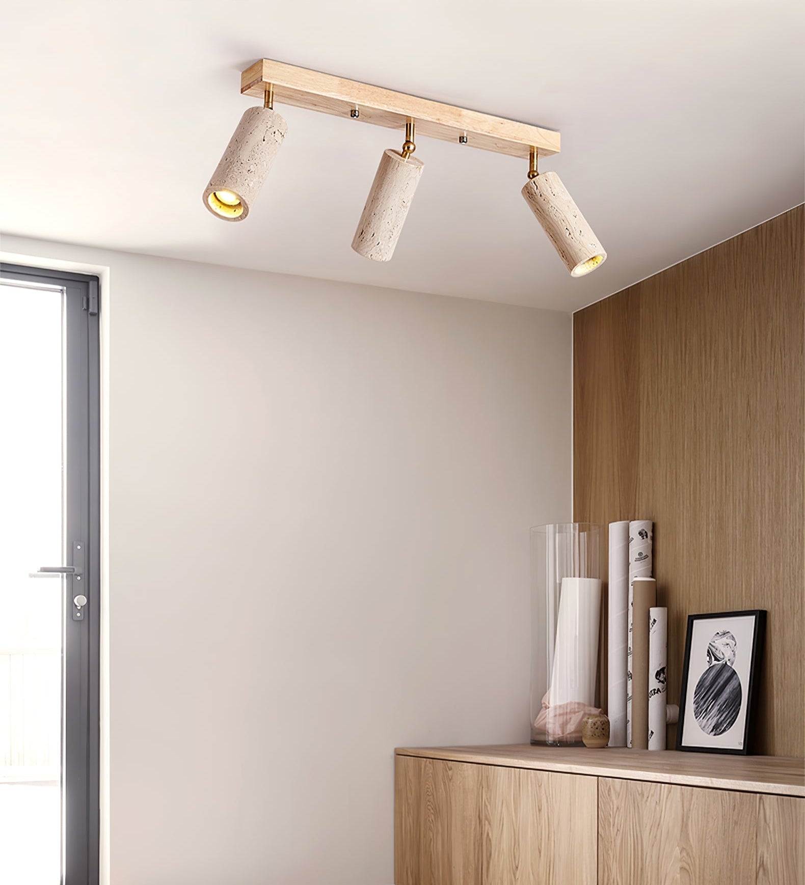 Plafonnier moderne Fjalar en Noyer bois et travertin jaune
