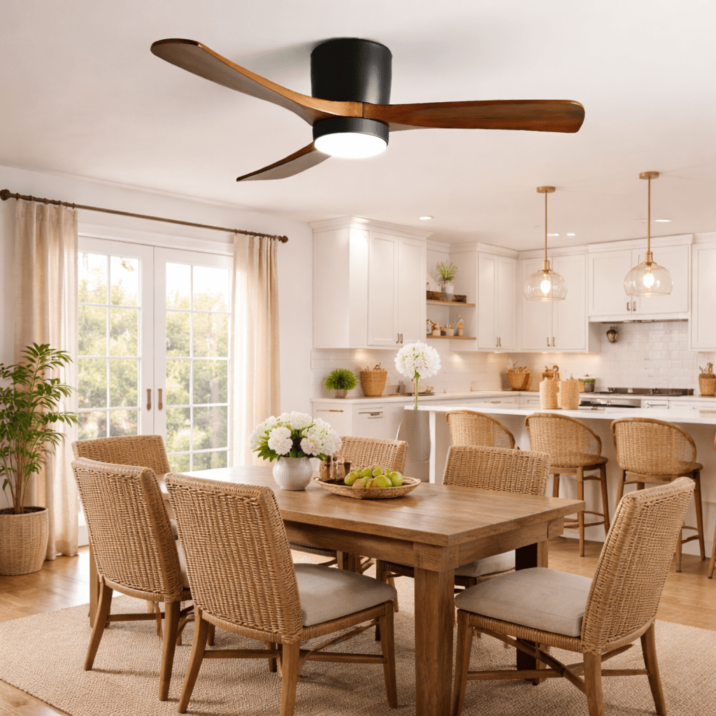 Ventilateur de plafond moderne Tarben en Blanc et bois naturel