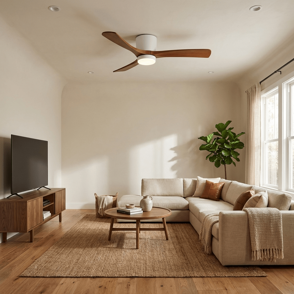 Ventilateur de plafond moderne Tarben en Blanc et bois naturel