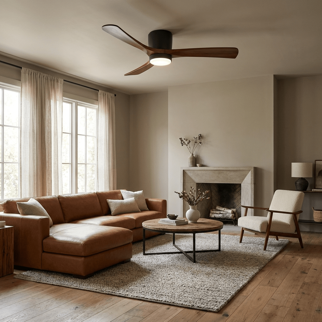 Ventilateur de plafond moderne Tarben en Blanc et noyer bois