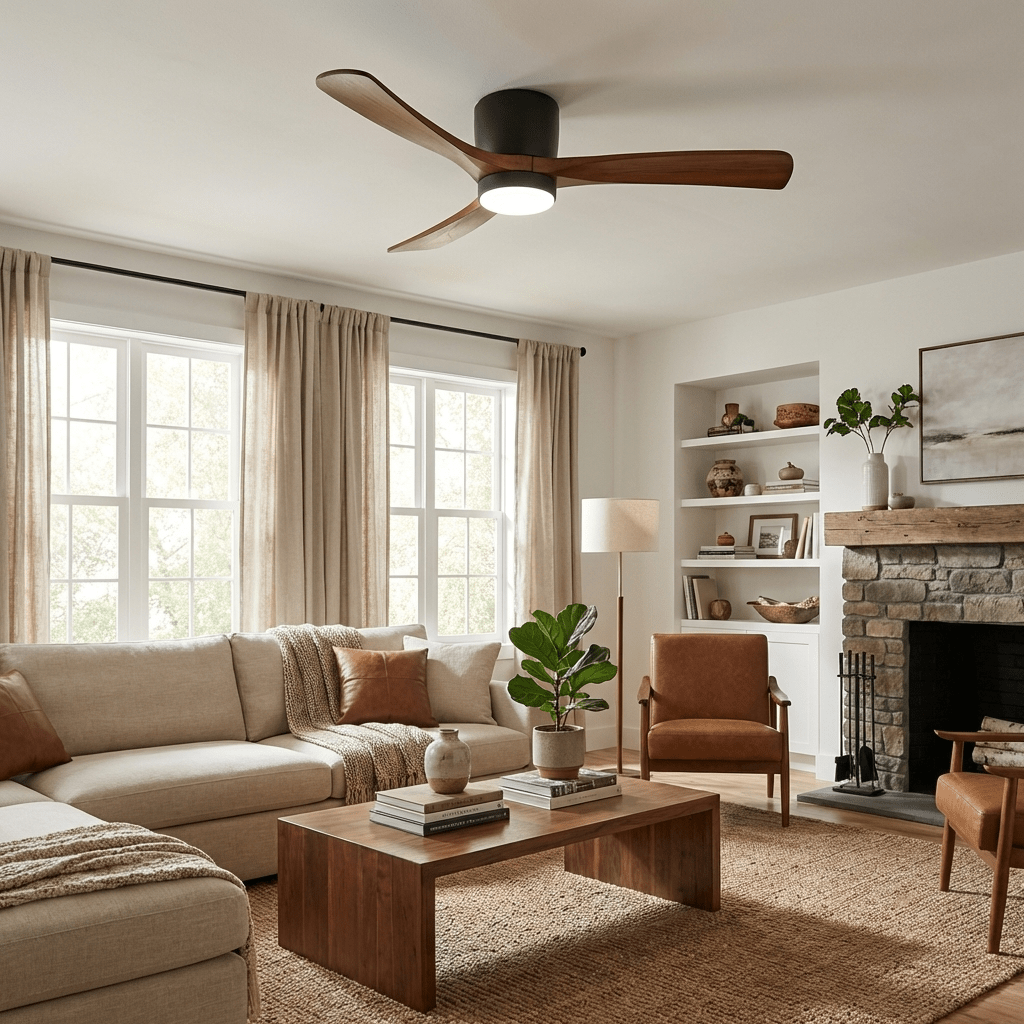 Ventilateur de plafond moderne Tarben en Gris et bois naturel