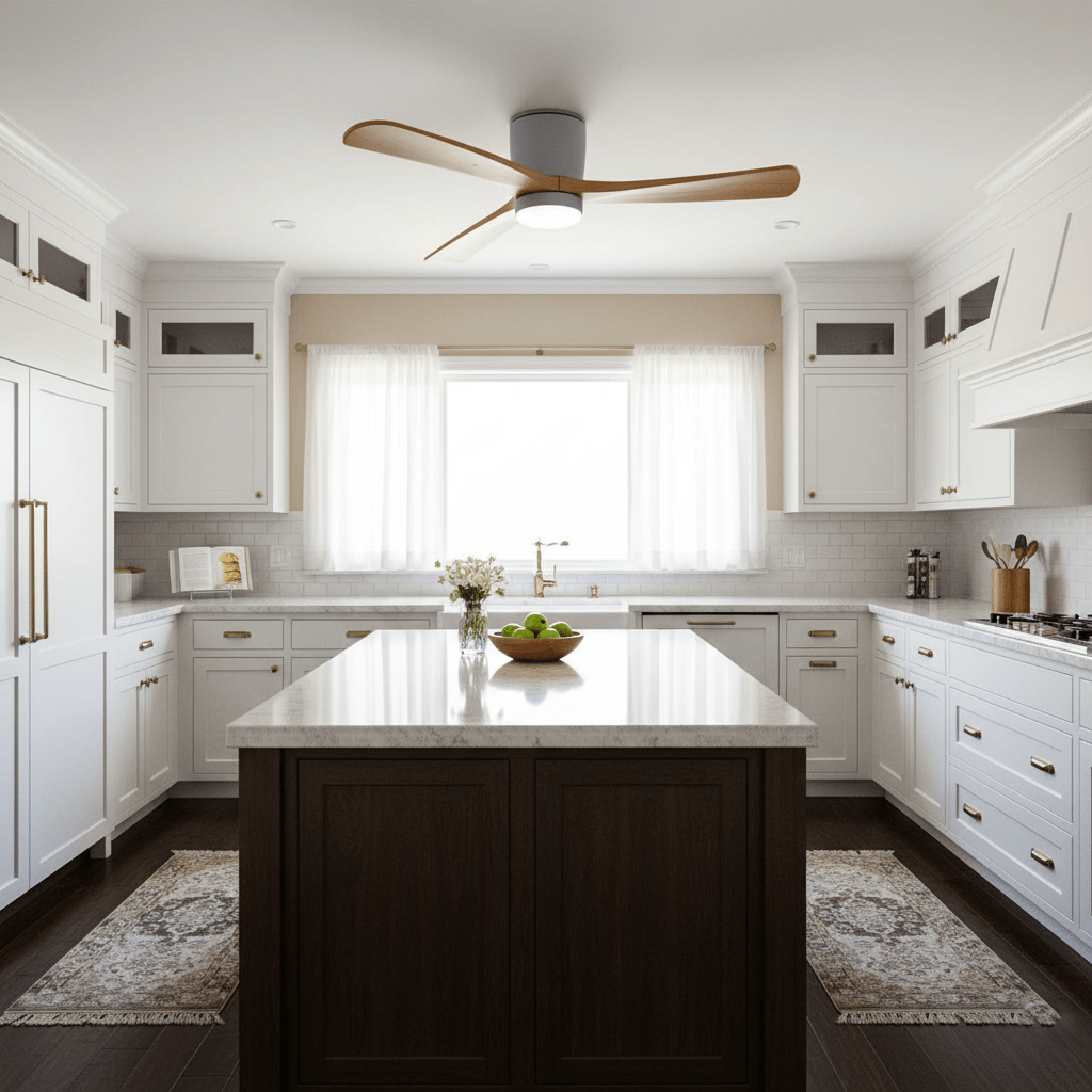 Ventilateur de plafond moderne Tarben en Blanc et bois naturel