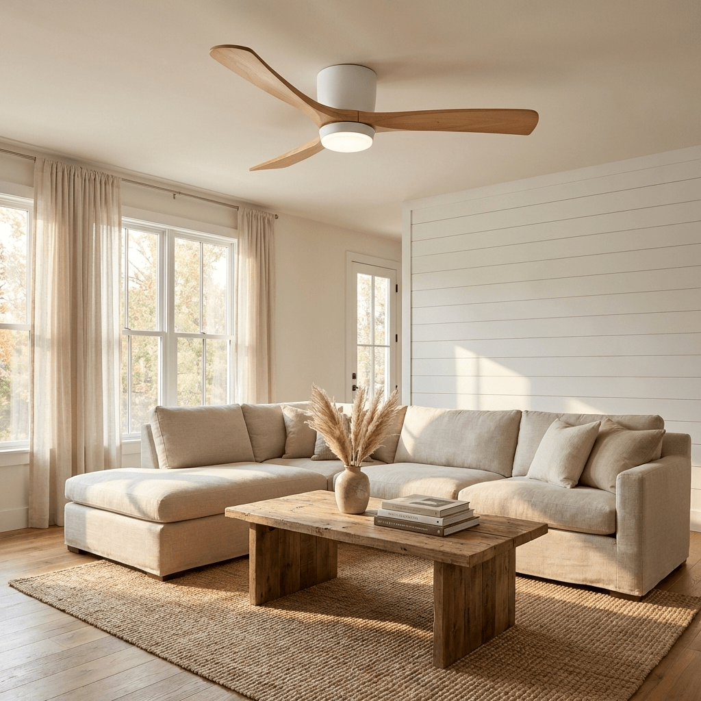 Ventilateur de plafond moderne Tarben en Blanc et noyer bois