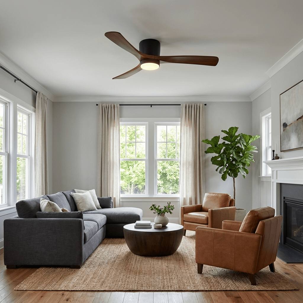 Ventilateur de plafond moderne Tarben en Blanc et noyer bois