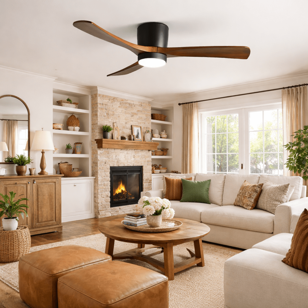 Ventilateur de plafond moderne Tarben en Blanc et bois naturel