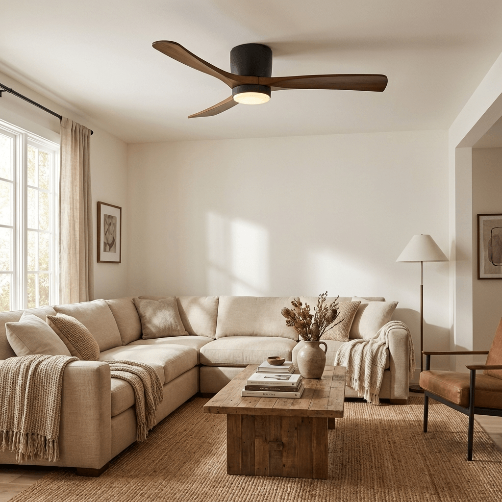 Ventilateur de plafond moderne Tarben en Blanc et noyer bois