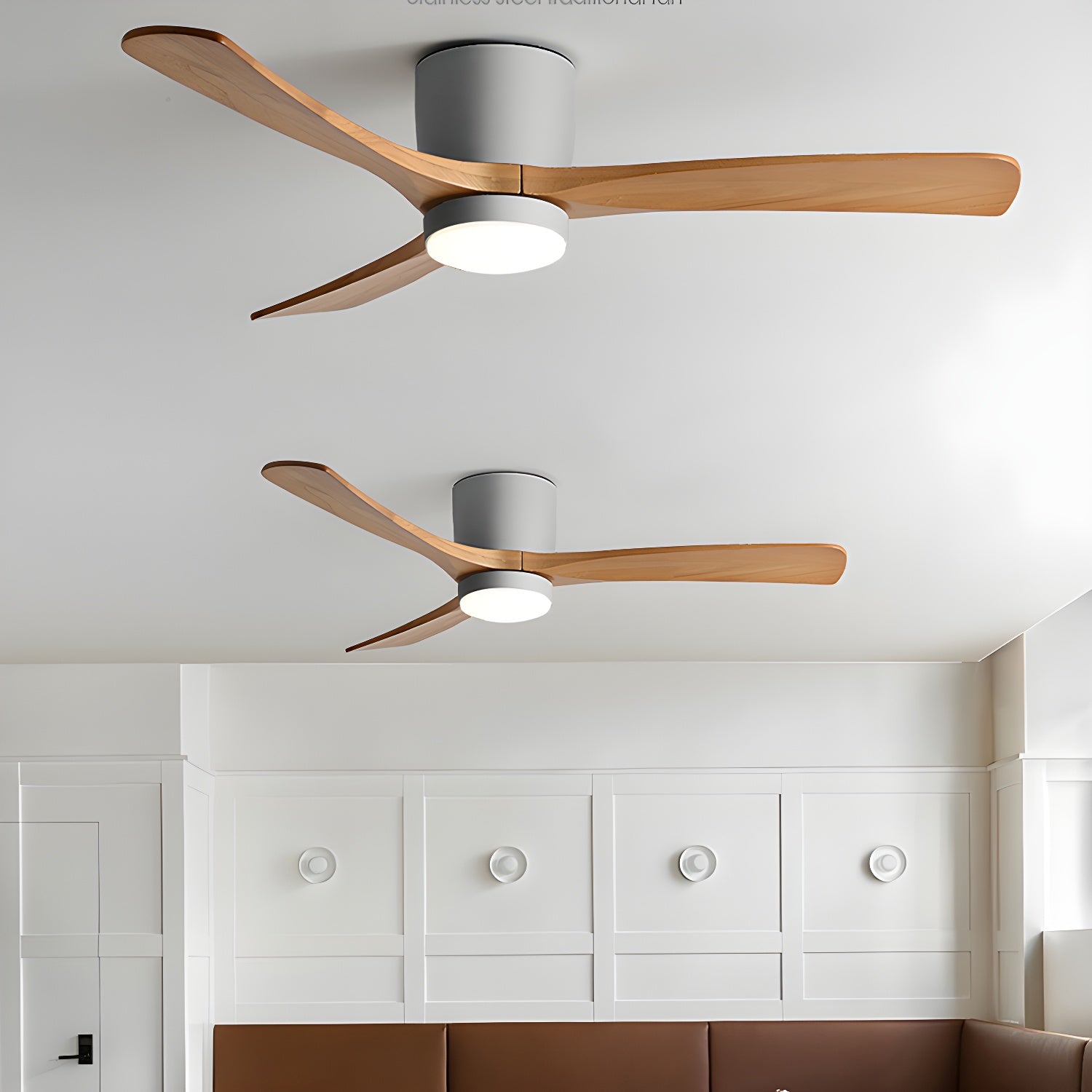 Ventilateur de plafond moderne Tarben en Blanc et bois naturel