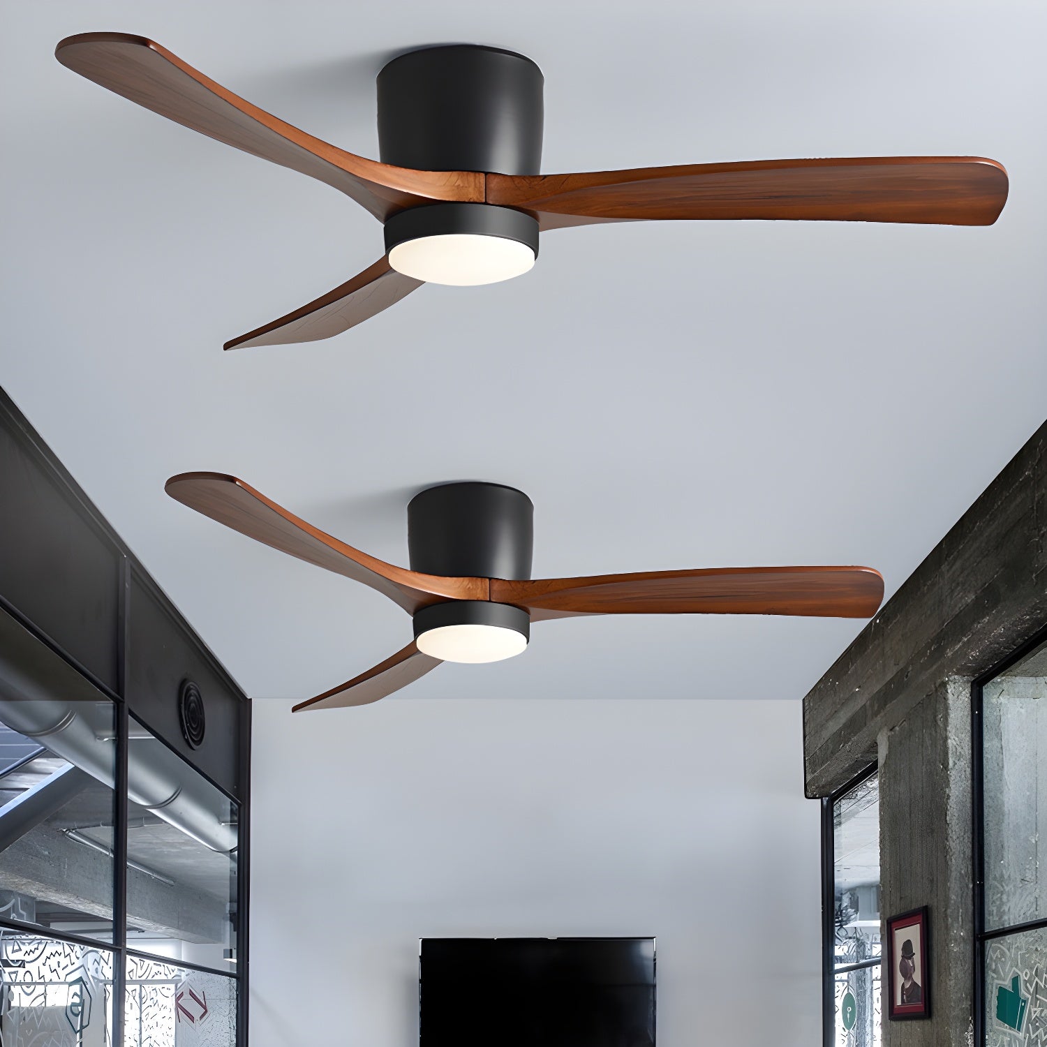 Ventilateur de plafond moderne Tarben en Blanc et bois naturel