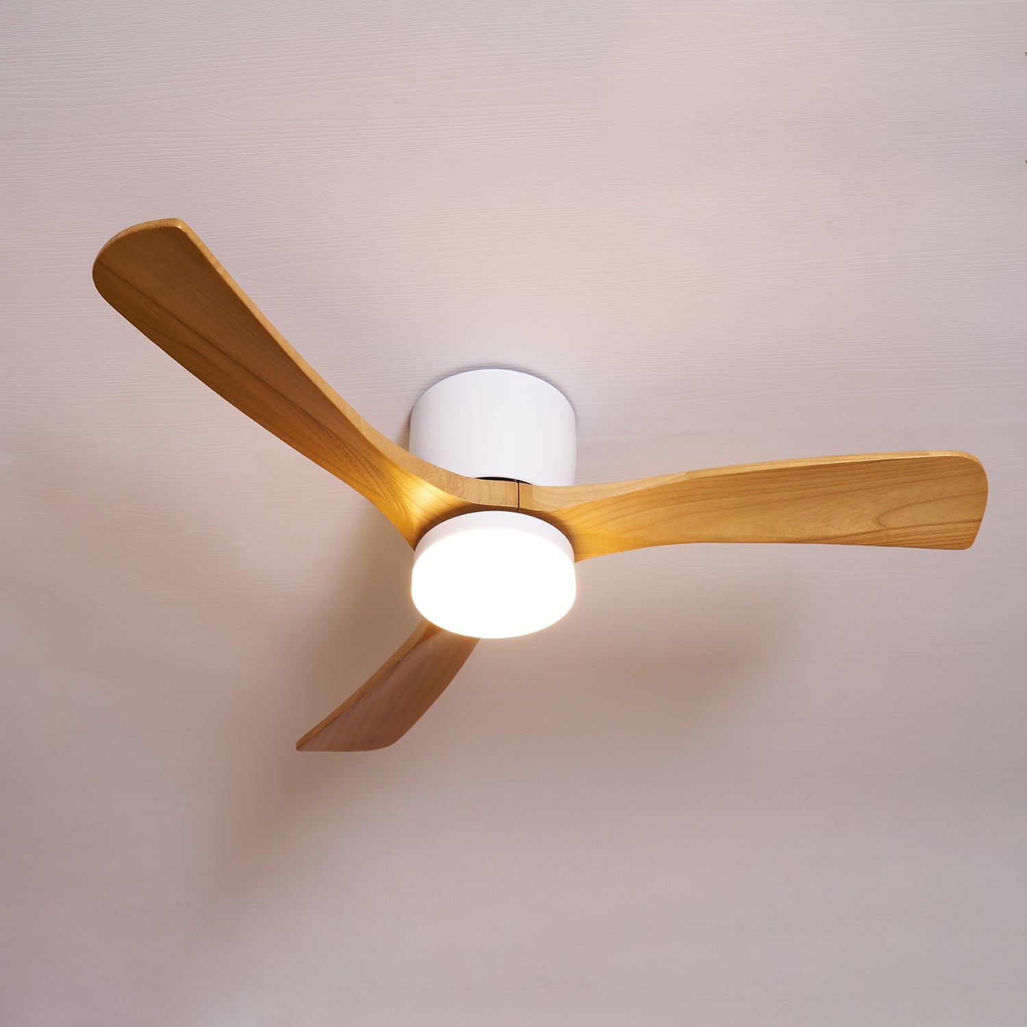 Ventilateur de plafond moderne Tarben en Blanc et bois naturel
