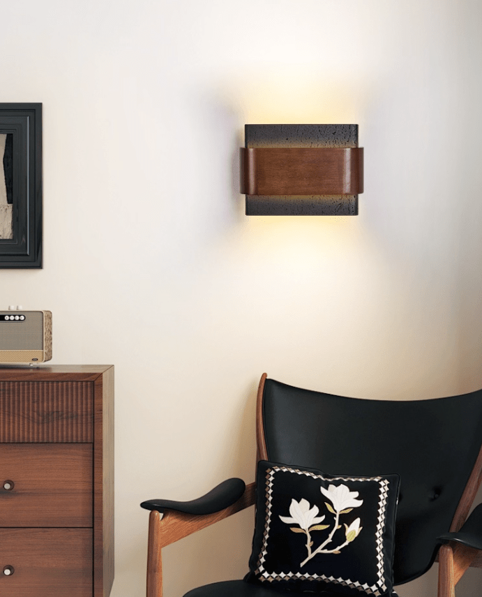Applique murale moderne Ernest en Noyer bois et noir travertin